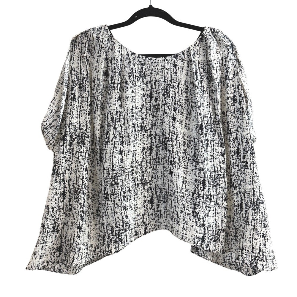J/J Julie Haus 100% Silk Oversized Short Sleeve Blouse, SMALL, Cream/Black Print